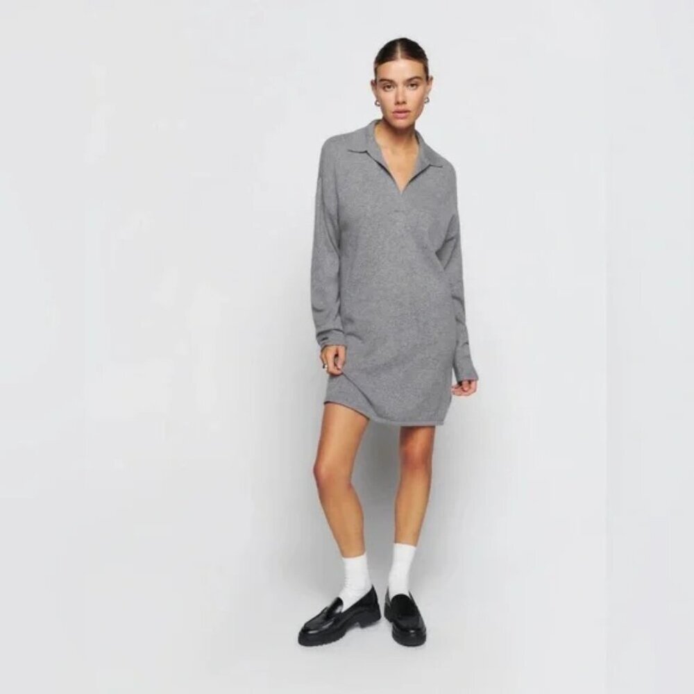 Reformation Doreen Cashmere Sweater Polo Dress Gray XS Long Sleeve - Picture 2 of 10
